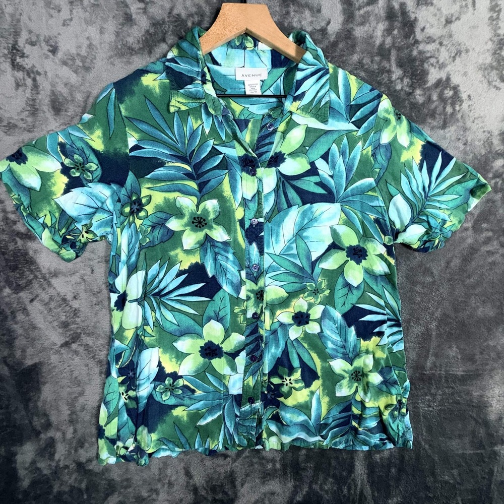 AVENUE Womens Button‎ Up Shirt Size 14/16 Green Blue Tropical Floral Rayon